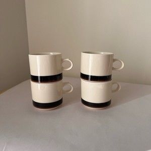 Vintage Stoneware Japan Set 4 Coffee Tea Mugs Cups Cream With Brown Black Strip